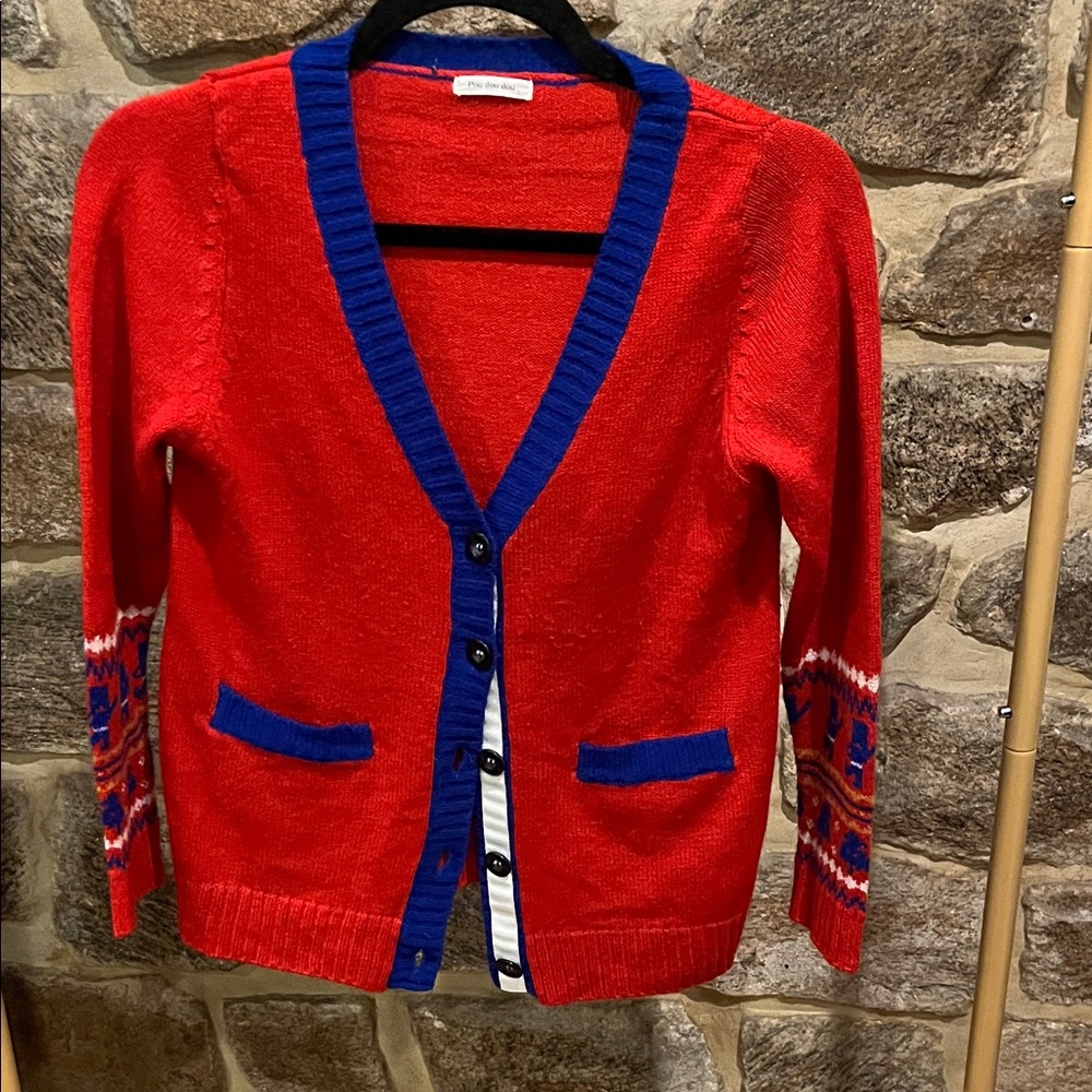 Vintage Pou Dou Dou French Intarsia Red and Blue Holiday Cardigan Sweater